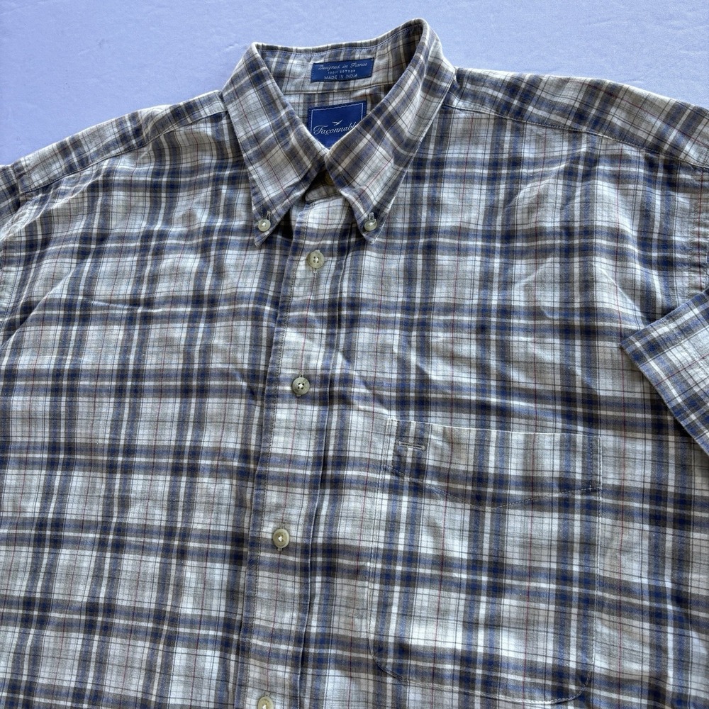 Faconnable Men's Plaid Button-Down Shirt Short‎ Sleeve Cotton Size L